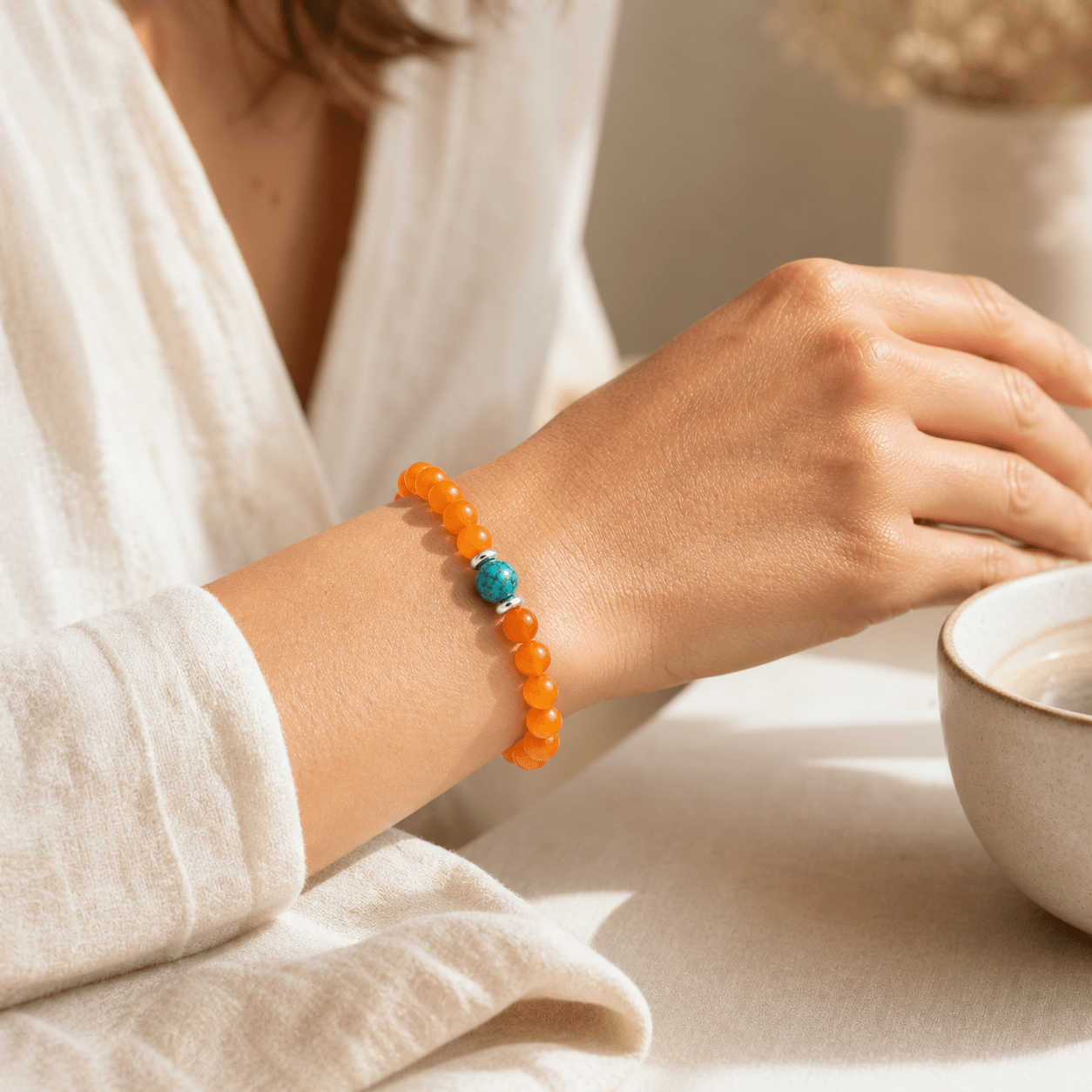 2pcs Orange Bead Elastic Bracelets, Stackable Bohemian Style